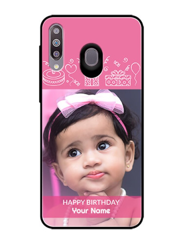 Custom Samsung Galaxy M30 Photo Printing on Glass Case  - with Birthday Line Art Design