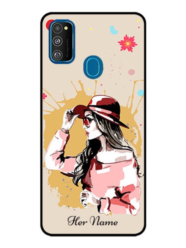 Custom Galaxy M30S Photo Printing on Glass Case - Women with pink hat Design