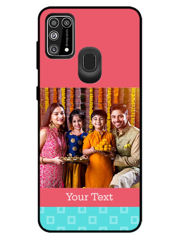 Custom Galaxy M31 Prime Edition Personalized Glass Phone Case  - Peach & Blue Color Design