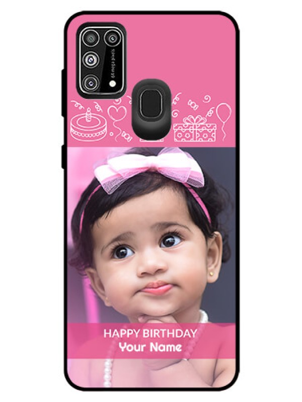 Custom Galaxy M31 Prime Edition Photo Printing on Glass Case  - with Birthday Line Art Design