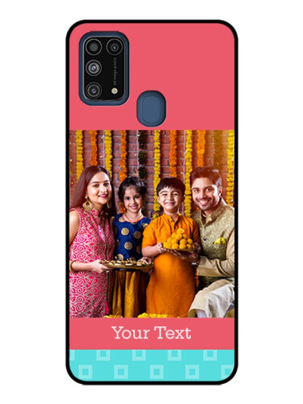 Custom Galaxy M31 Personalized Glass Phone Case  - Peach & Blue Color Design