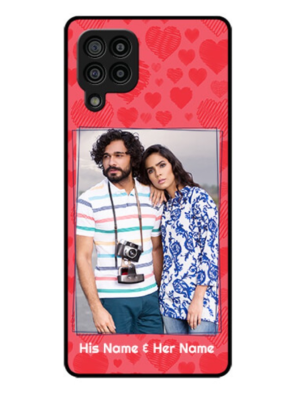 Custom Galaxy M32 4G Prime Edition Photo Printing on Glass Case - with Red Heart Symbols Design
