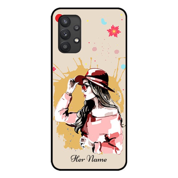 Galaxy M32 5G Photo Printing on Glass Case - Women with pink hat Design Galaxy M32 5G Photo Printing on Glass Case - Women with pink hat Design