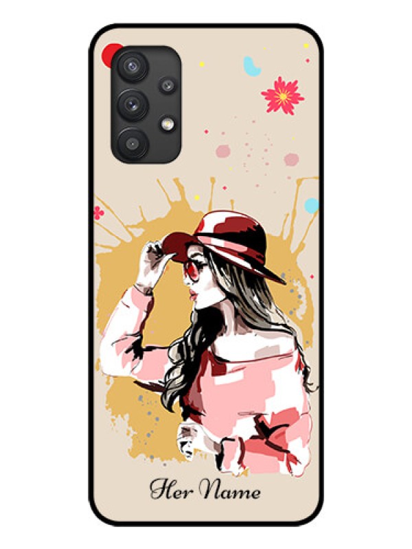 Custom Galaxy M32 5G Photo Printing on Glass Case - Women with pink hat Design
