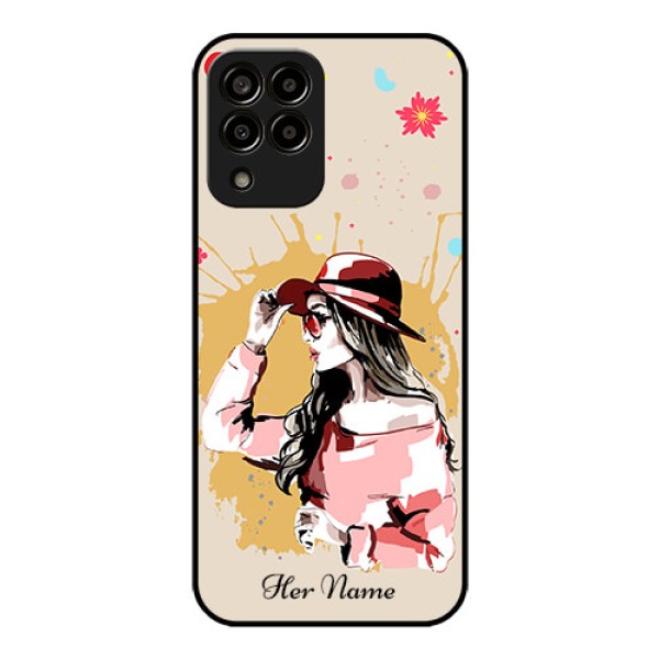Galaxy M33 5G Photo Printing on Glass Case - Women with pink hat Design Galaxy M33 5G Photo Printing on Glass Case - Women with pink hat Design
