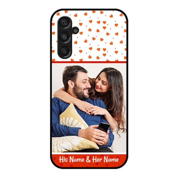 Samsung Galaxy M34 5G Custom Glass Phone Case - Orange Love Symbol Design Samsung Galaxy M34 5G Custom Glass Phone Case - Orange Love Symbol Design