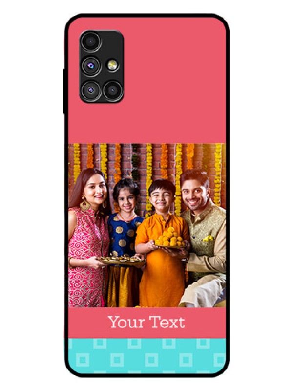 Custom Galaxy M51 Personalized Glass Phone Case  - Peach & Blue Color Design