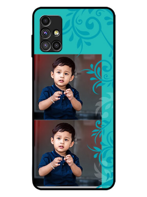 Custom Galaxy M51 Personalized Glass Phone Case  - with Photo and Green Floral Design 
