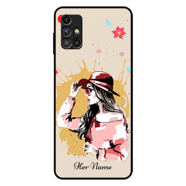 Galaxy M51 Photo Printing on Glass Case - Women with pink hat Design Galaxy M51 Photo Printing on Glass Case - Women with pink hat Design