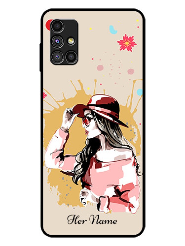 Custom Galaxy M51 Photo Printing on Glass Case - Women with pink hat Design