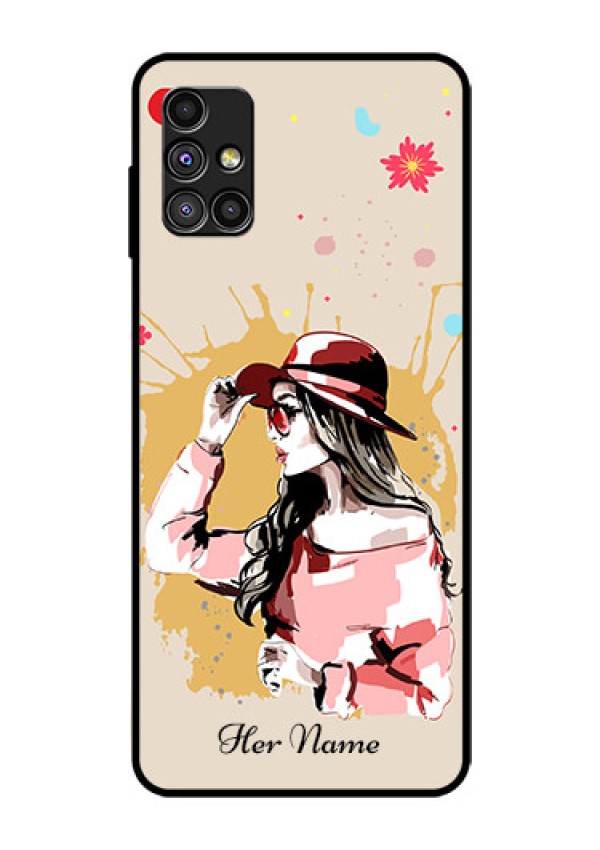 Galaxy M51 Photo Printing on Glass Case - Women with pink hat Design
