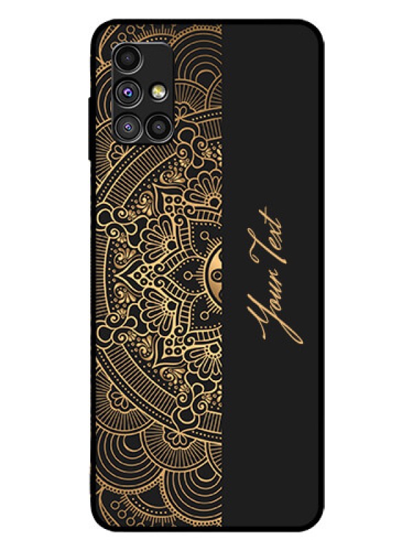 Custom Galaxy M51 Photo Printing on Glass Case - Mandala art with custom text Design