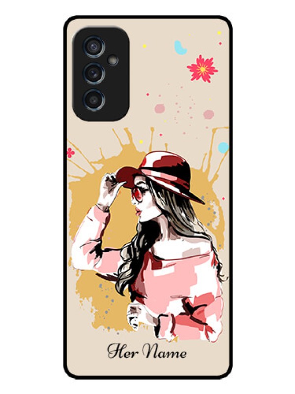 Custom Galaxy M52 5G Photo Printing on Glass Case - Women with pink hat Design