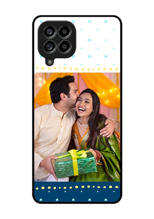 Galaxy M53 5G Personalized Glass Phone Case - White and Blue Abstract Design