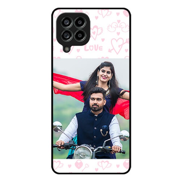 Galaxy M53 5G Custom Glass Mobile Case - Pink Flying Heart Design Galaxy M53 5G Custom Glass Mobile Case - Pink Flying Heart Design