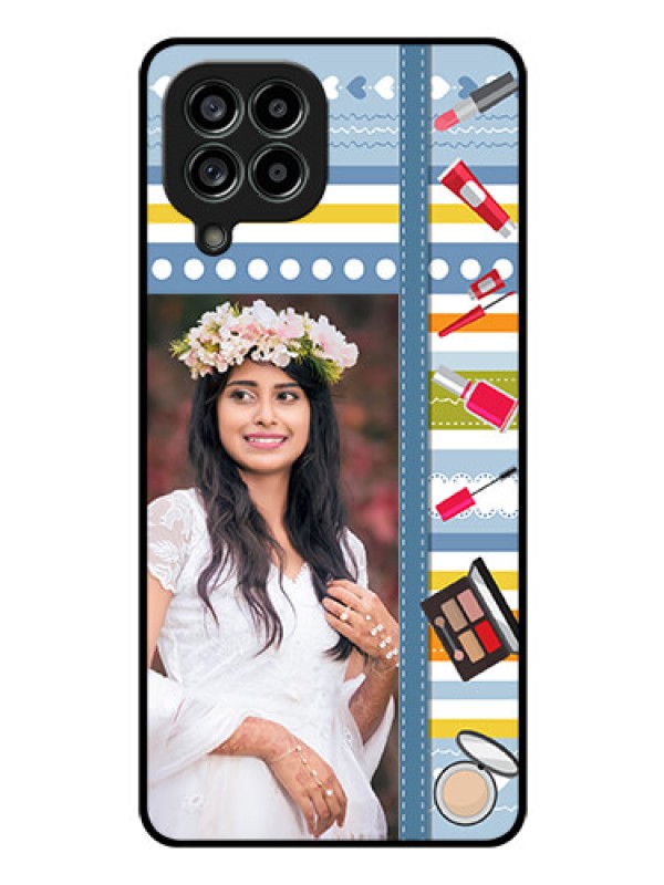 Custom Galaxy M53 5G Personalized Glass Phone Case - Makeup Icons Design