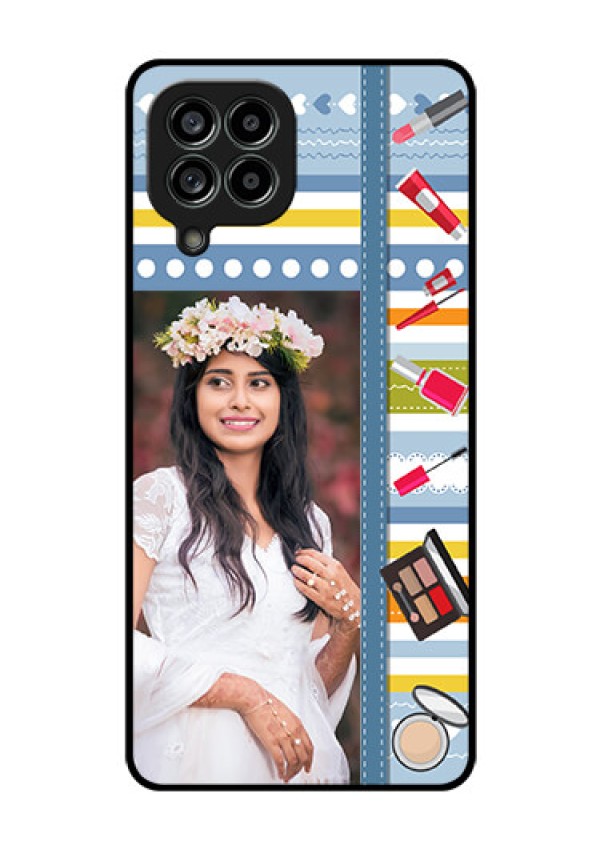 Galaxy M53 5G Personalized Glass Phone Case - Makeup Icons Design
