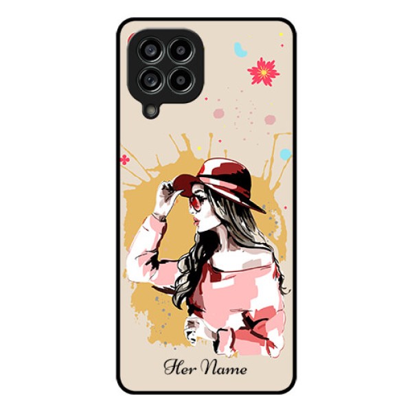 Galaxy M53 5G Photo Printing on Glass Case - Women with pink hat Design Galaxy M53 5G Photo Printing on Glass Case - Women with pink hat Design