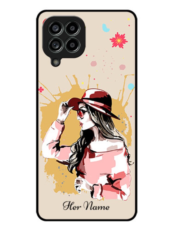 Custom Galaxy M53 5G Photo Printing on Glass Case - Women with pink hat Design