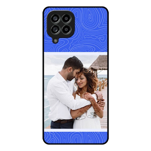 Galaxy M53 5G Custom Glass Mobile Case - Curved line art with blue and white Design Galaxy M53 5G Custom Glass Mobile Case - Curved line art with blue and white Design