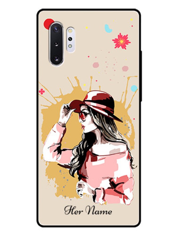 Custom Galaxy Note 10 Plus Photo Printing on Glass Case - Women with pink hat Design