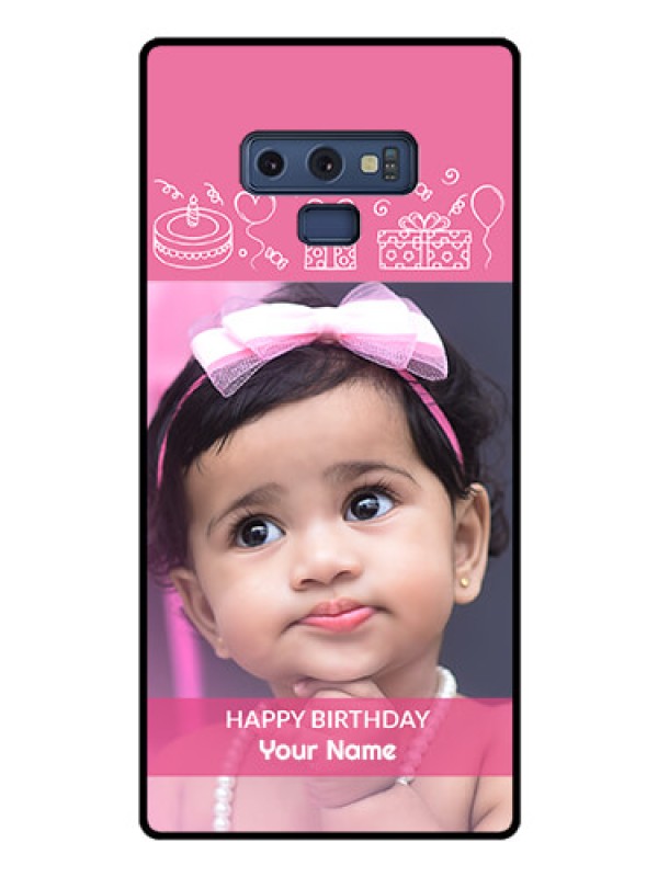 Custom Galaxy Note 9 Photo Printing on Glass Case  - with Birthday Line Art Design