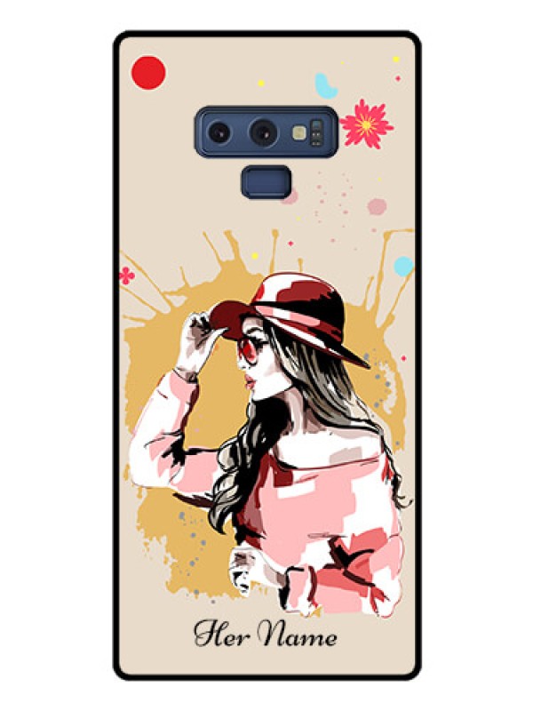 Custom Galaxy Note 9 Photo Printing on Glass Case - Women with pink hat Design