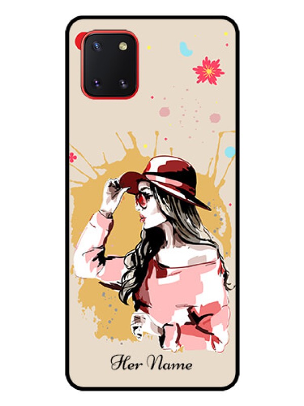 Custom Galaxy Note10 Lite Photo Printing on Glass Case - Women with pink hat Design