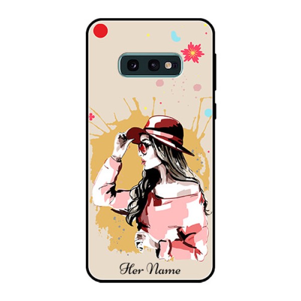 Galaxy S10e Photo Printing on Glass Case - Women with pink hat Design Galaxy S10e Photo Printing on Glass Case - Women with pink hat Design