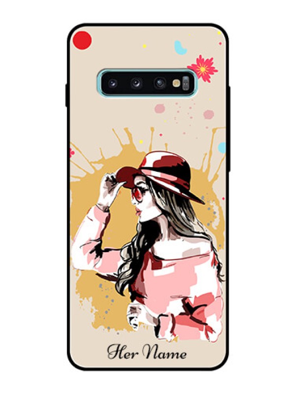 Custom Galaxy S10 Plus Photo Printing on Glass Case - Women with pink hat Design