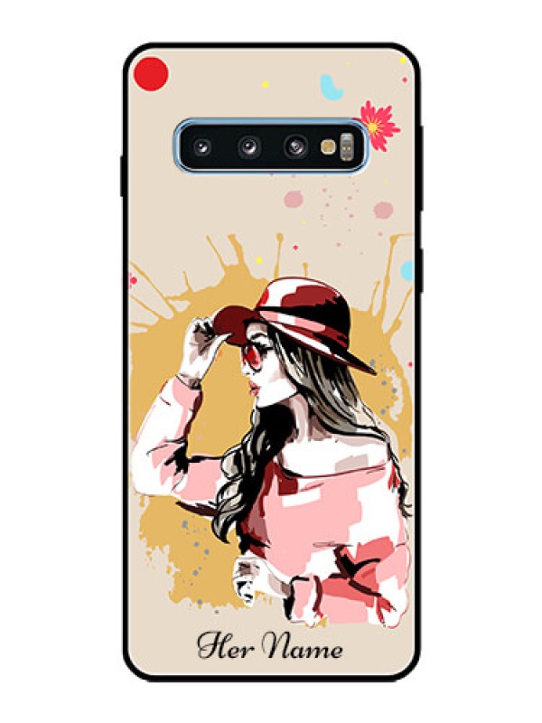 Custom Galaxy S10 Photo Printing on Glass Case - Women with pink hat Design