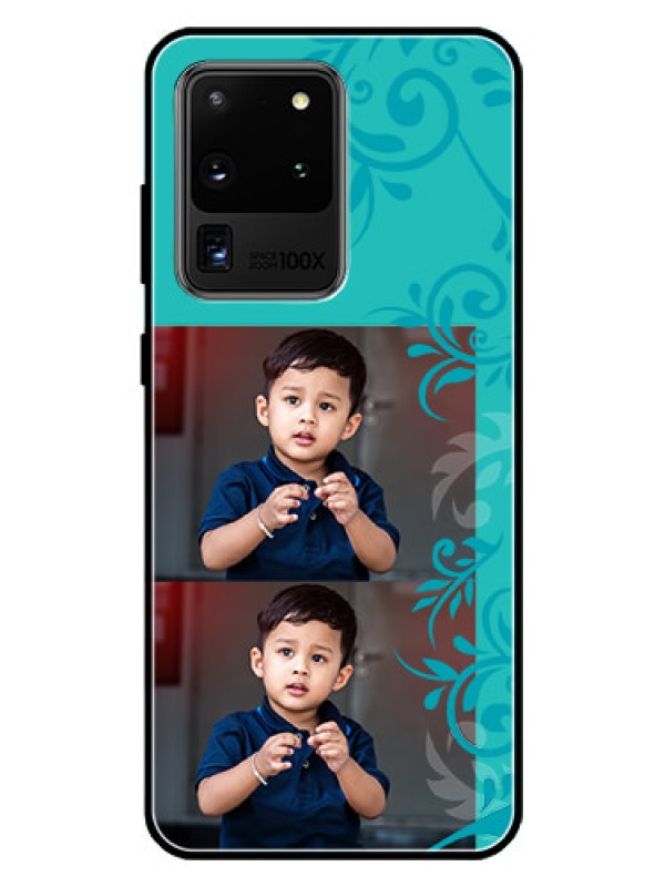 Custom Galaxy S20 Ultra Personalized Glass Phone Case  - with Photo and Green Floral Design 