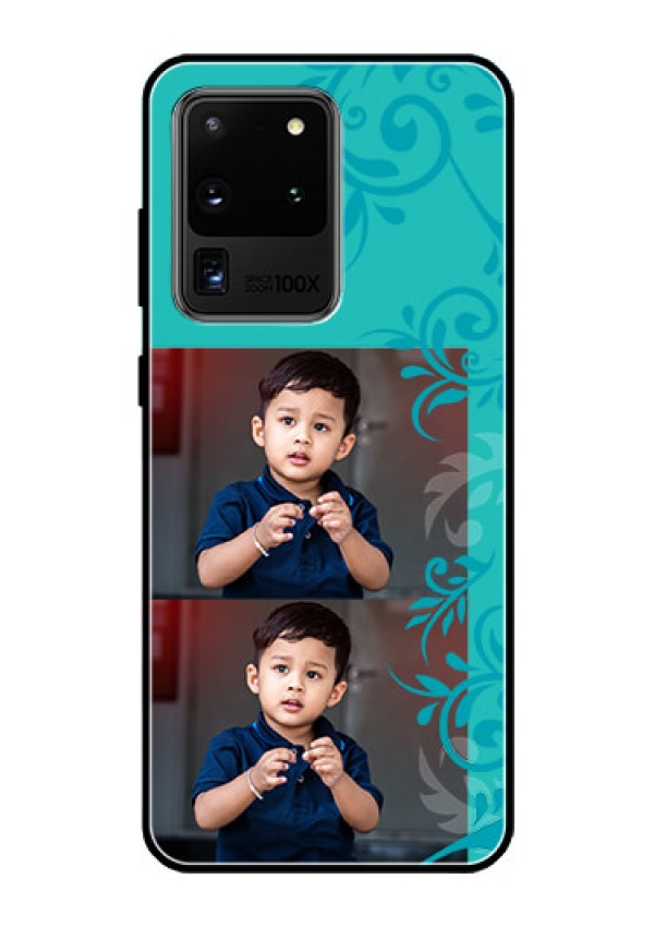 Galaxy S20 Ultra Personalized Glass Phone Case  - with Photo and Green Floral Design 