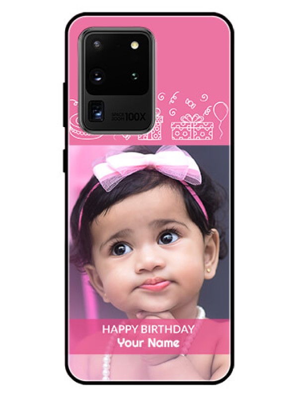 Custom Galaxy S20 Ultra Photo Printing on Glass Case  - with Birthday Line Art Design