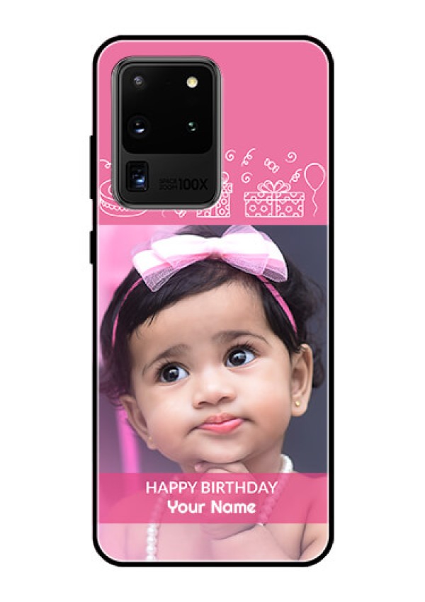Galaxy S20 Ultra Photo Printing on Glass Case  - with Birthday Line Art Design