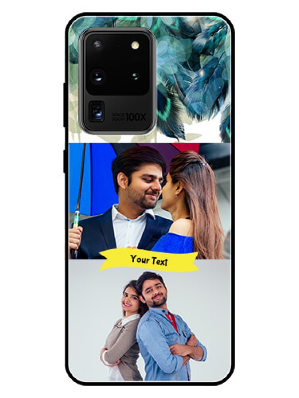 Custom Galaxy S20 Ultra Personalized Glass Phone Case  - Image with Boho Peacock Feather Design