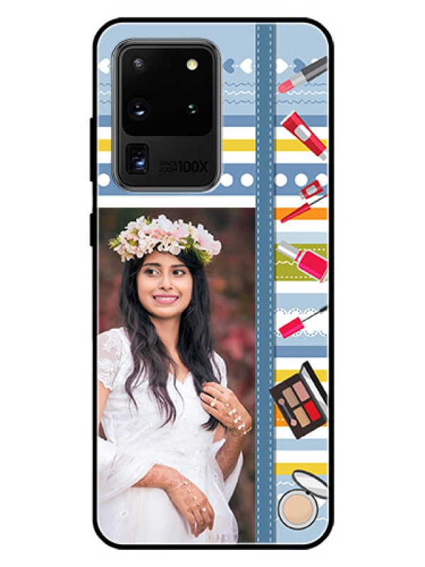 Custom Galaxy S20 Ultra Personalized Glass Phone Case  - Makeup Icons Design