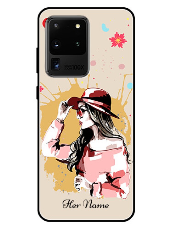 Custom Galaxy S20 Ultra Photo Printing on Glass Case - Women with pink hat Design