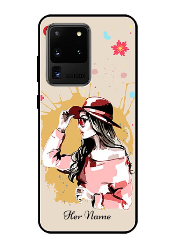 Galaxy S20 Ultra Photo Printing on Glass Case - Women with pink hat Design