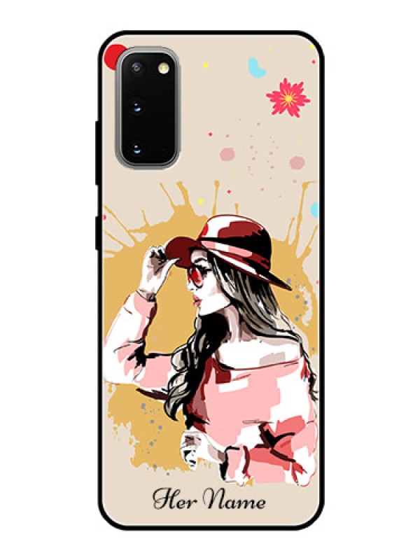 Custom Galaxy S20 Photo Printing on Glass Case - Women with pink hat Design