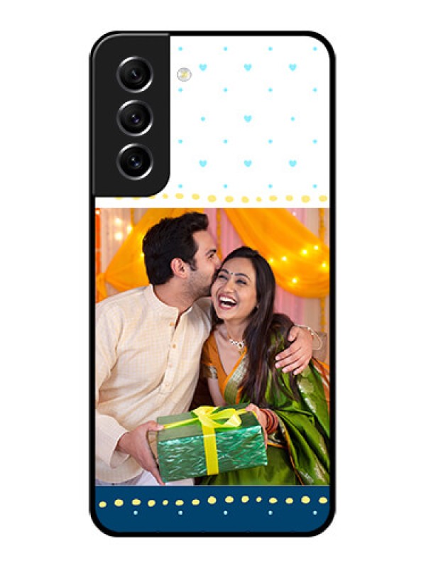 Custom Galaxy S21 FE 5G Personalized Glass Phone Case - White and Blue Abstract Design