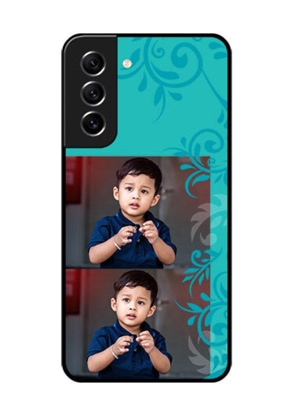 Galaxy S21 FE 5G Personalized Glass Phone Case - with Photo and Green Floral Design