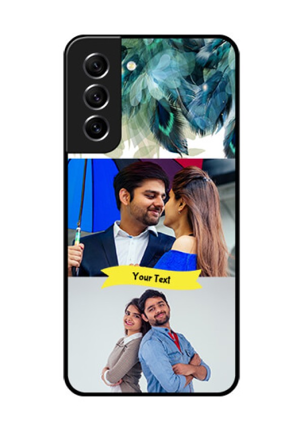 Galaxy S21 FE 5G Personalized Glass Phone Case - Image with Boho Peacock Feather Design