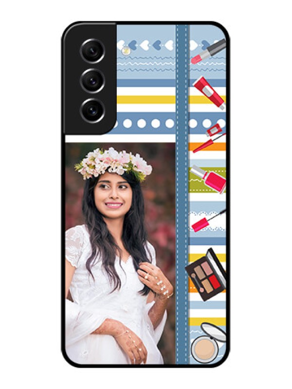 Custom Galaxy S21 FE 5G Personalized Glass Phone Case - Makeup Icons Design