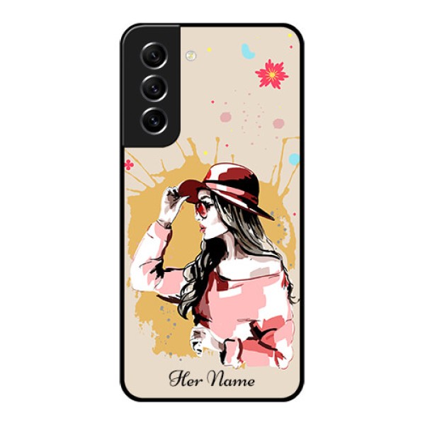 Galaxy S21 FE 5G Photo Printing on Glass Case - Women with pink hat Design Galaxy S21 FE 5G Photo Printing on Glass Case - Women with pink hat Design