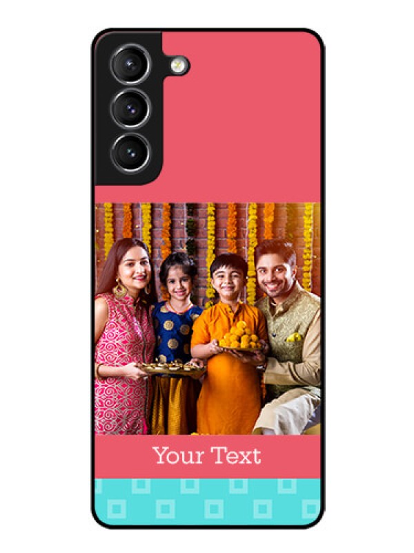 Custom Galaxy s21 Plus Personalized Glass Phone Case  - Peach & Blue Color Design