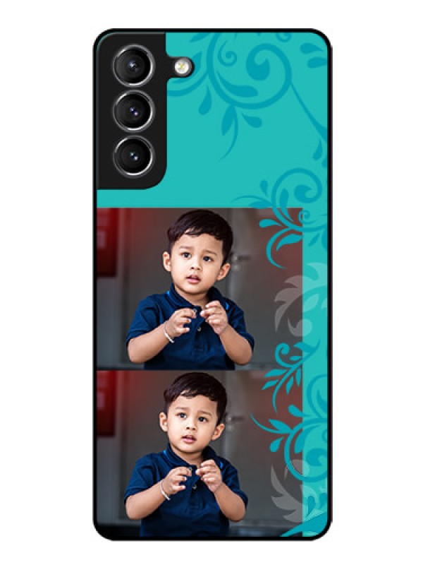 Custom Galaxy s21 Plus Personalized Glass Phone Case  - with Photo and Green Floral Design 