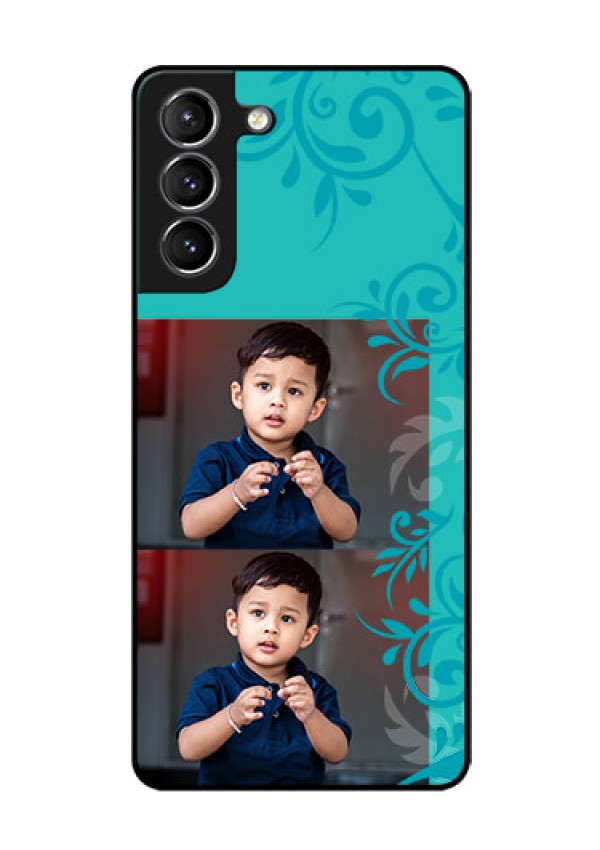 Galaxy s21 Plus Personalized Glass Phone Case  - with Photo and Green Floral Design 