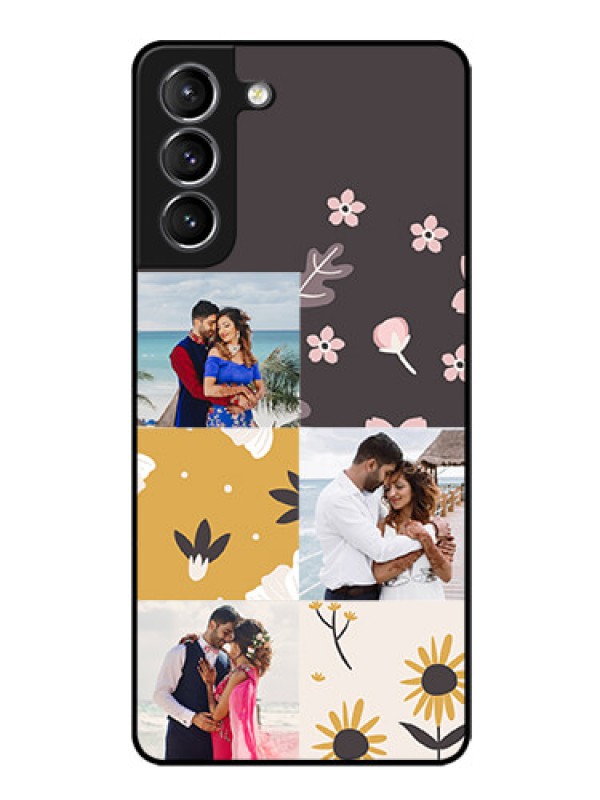 Custom Galaxy s21 Plus Photo Printing on Glass Case  - 3 Images with Floral Design