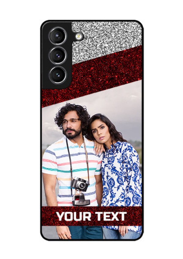 Galaxy s21 Plus Personalized Glass Phone Case  - Image Holder with Glitter Strip Design